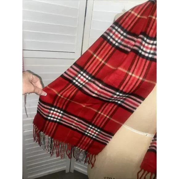 New W/ Tags V. Fraas Cashmink Red, Black & White Plaid Scarf Fringes 54”x 11” - Picture 2 of 7
